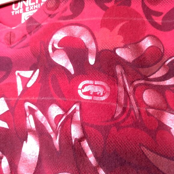 Ecko Unltd The Exhibit Shirt Men 2XL Red Stripe Y2K Foil Graphic Retro V Neck - Picture 10 of 13
